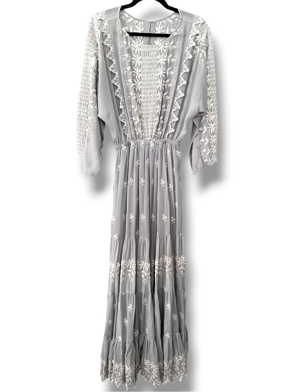 LOVESHACKFANCY GRAY SILK EMBROIDERED MAXI DRESS SMAL